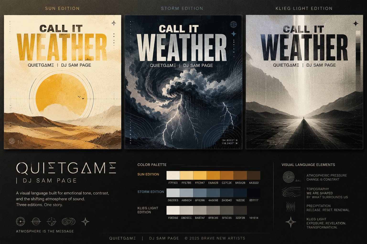 QUIETGΔMΞ — Call It Weather cover editions and wordmark.